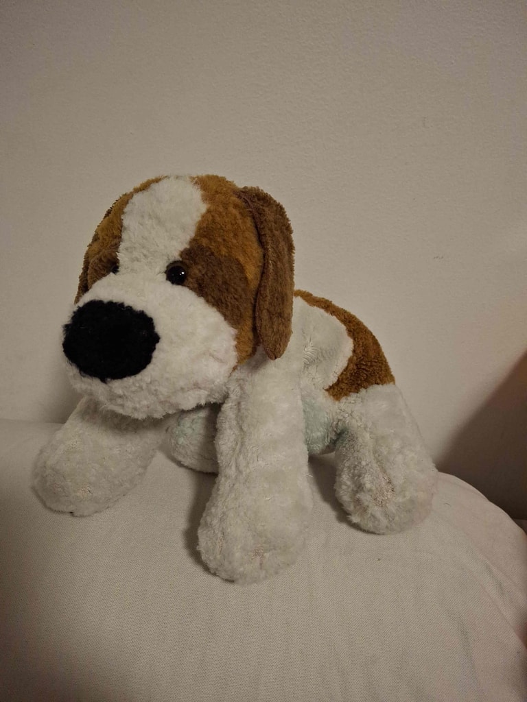Brown white puppy plush — repair